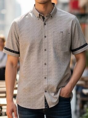 7 Diamonds Short Sleeve Button-Down Shirt in Pinkish Gray with Contrast Trim MED